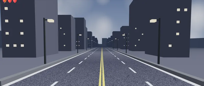 City world: dark towers with lit windows line both sides of the road.