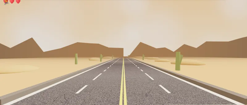 Desert world: a road through sand dunes and cacti under a pale sky.