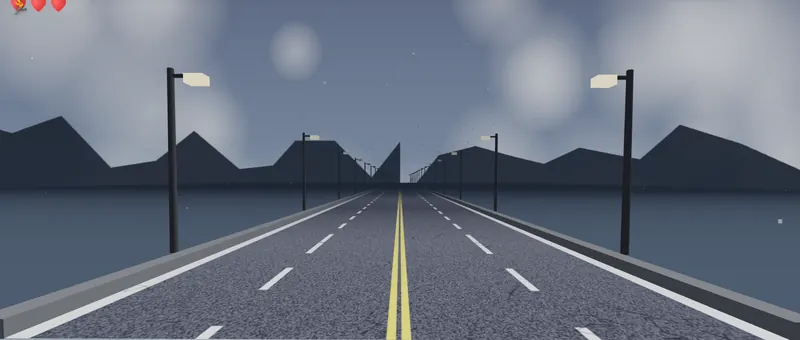 Storm world: a grey coastal road with street lamps under an overcast sky.