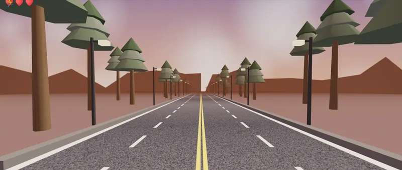 Sunset world: pine trees and street lamps under a pink evening sky.