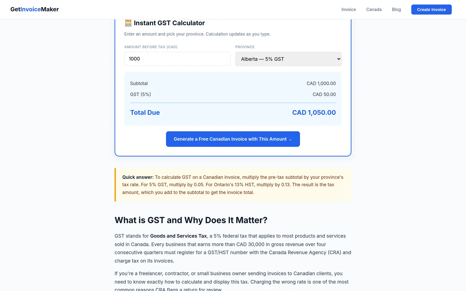 The Canadian GST calculator with a province selector and the tax breakdown.
