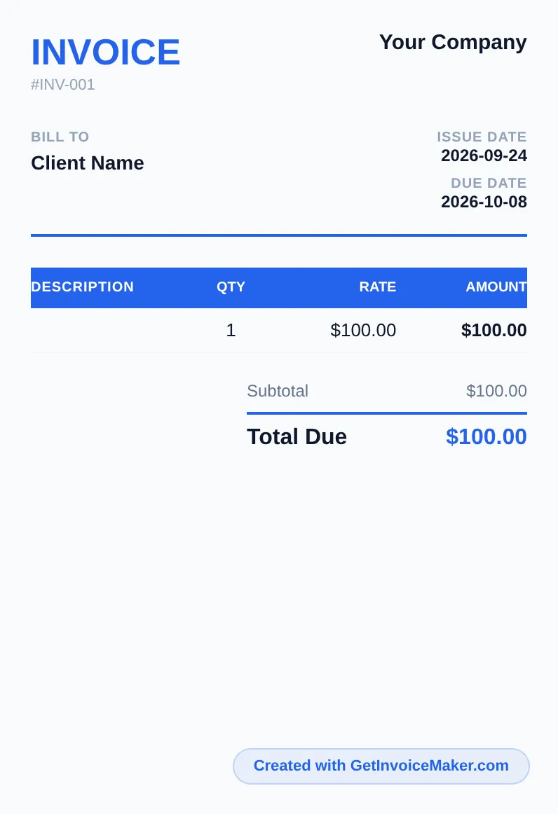 Close-up of the live invoice preview with line items, subtotal and total due.