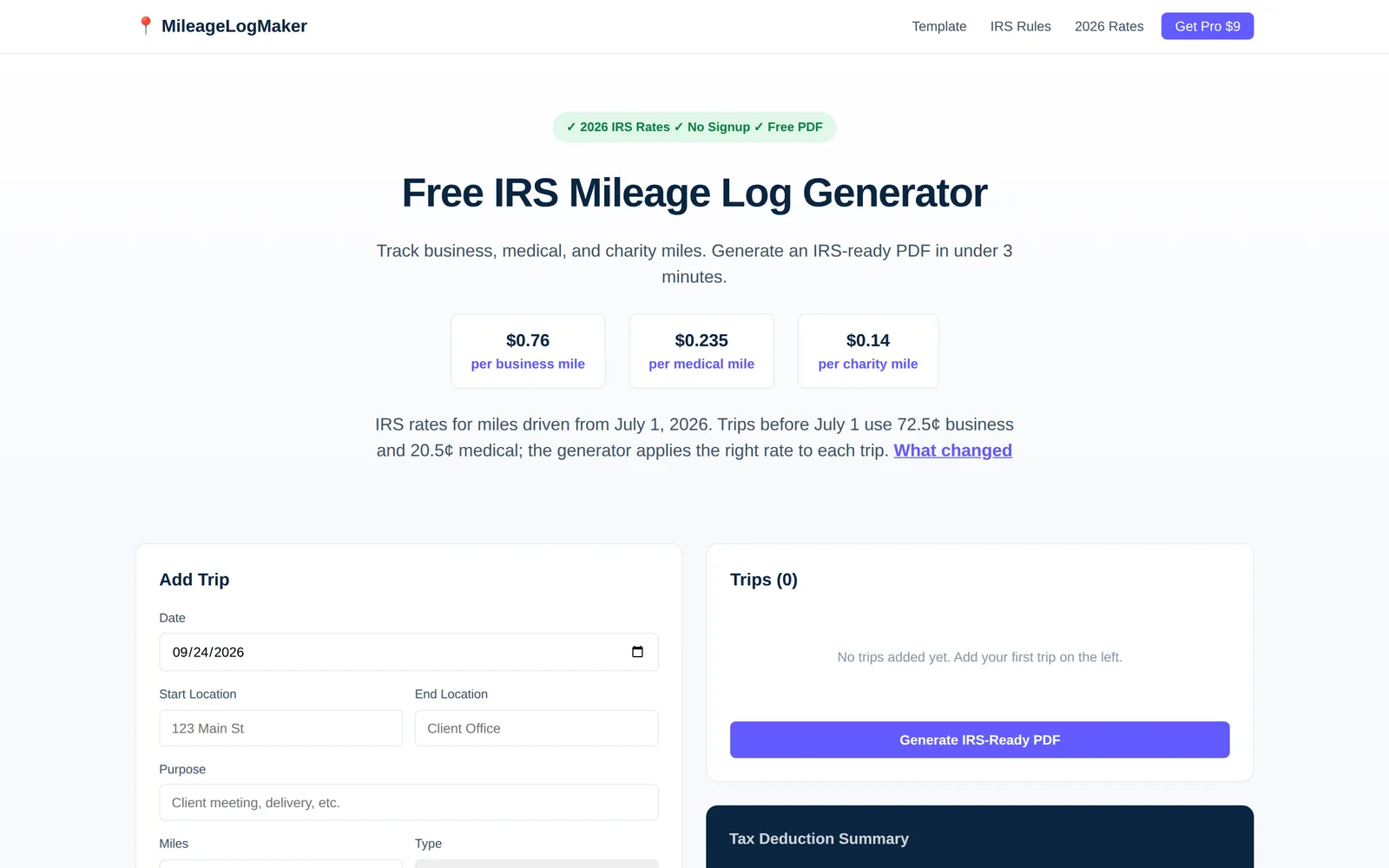 MileageLogMaker: trip entry form, trip list and tax deduction summary.